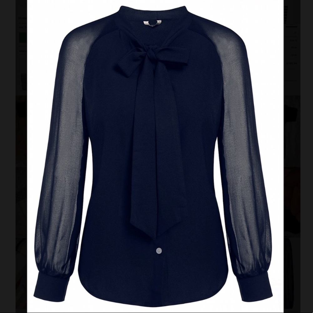 Women Bow Tie Neck Long Sleeve Button Down Shirt